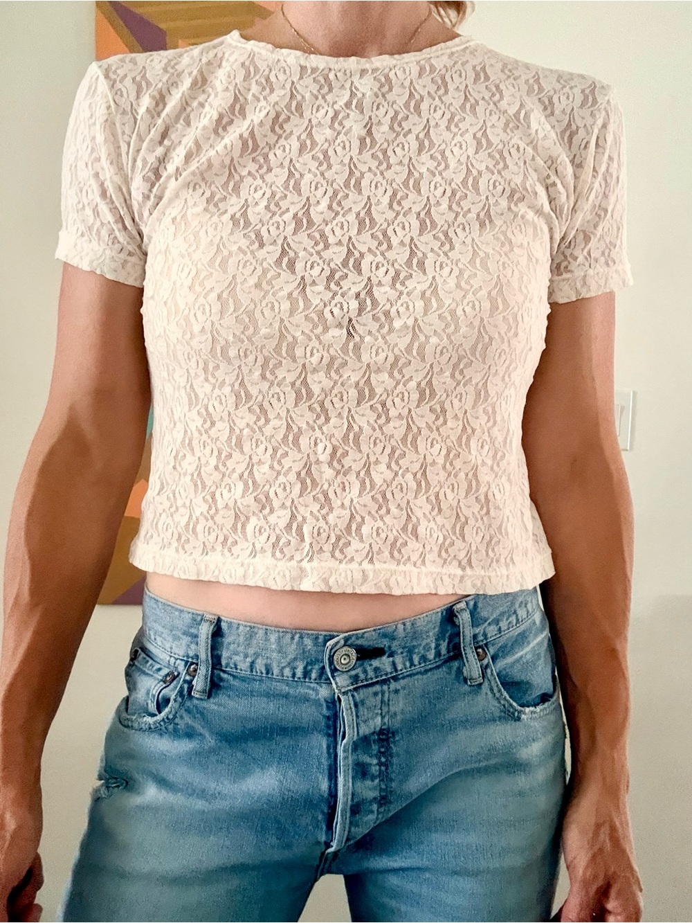 Women’s Cream Lace Short-Sleeve Top
